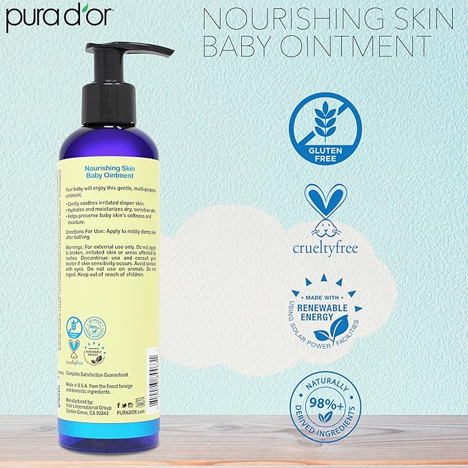 PURA D'OR Baby Ointment, 8 Oz, Moisturizing Balm for Sensitive Skin, Diaper Area, Dryness, Protective Barrier, Gentle Care, Jojoba, Almond, Sunflower, Avocado Oils, Beeswax, Vitamin E, Daily Comfort