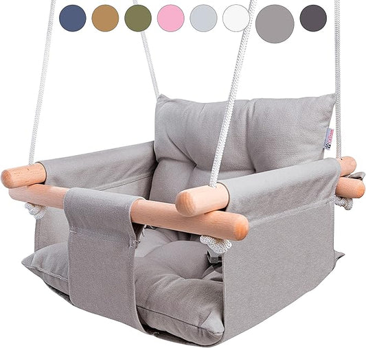 CaTeam - Canvas Baby Swing, Wooden Hanging Swing Seat Chair with Safety Belt, Durable Baby Swing Chair, Outdoor and Indoor Swing for Kids, Mounting Hardware Included, Taupe Gray