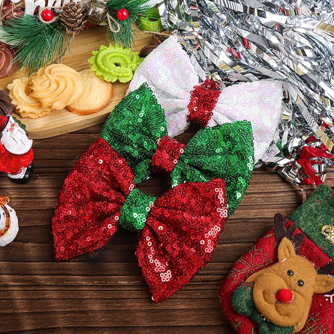 Christmas Hair Accessories - Sequins Bows Alligator Clips with Clips for Girls, Women, Toddlers in Red, White, Green