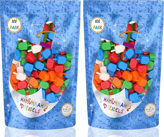 Hanukkah Dreidels 200-Pack Multicolor Plastic Chanuka Draydels with English Transliteration, Includes Dreidel Game Instruction Cards (200-Pack)