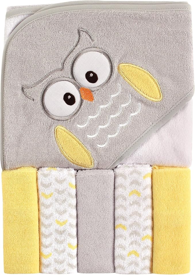 Luvable Friends Unisex Baby Hooded Towel with Five Washcloths, Owl, One Size