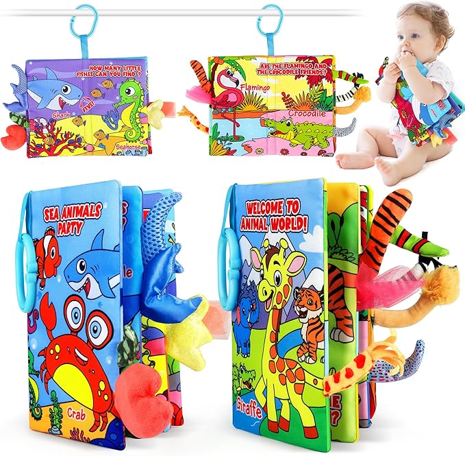 Helsort 2PCS Crinkle Cloth Books - High Contrast Sensory Toys Touch Feel Book for Tummy Time, Infant Travel Essentials Forest Ocean Themes, and Newborn Development Toys 0-18 Months