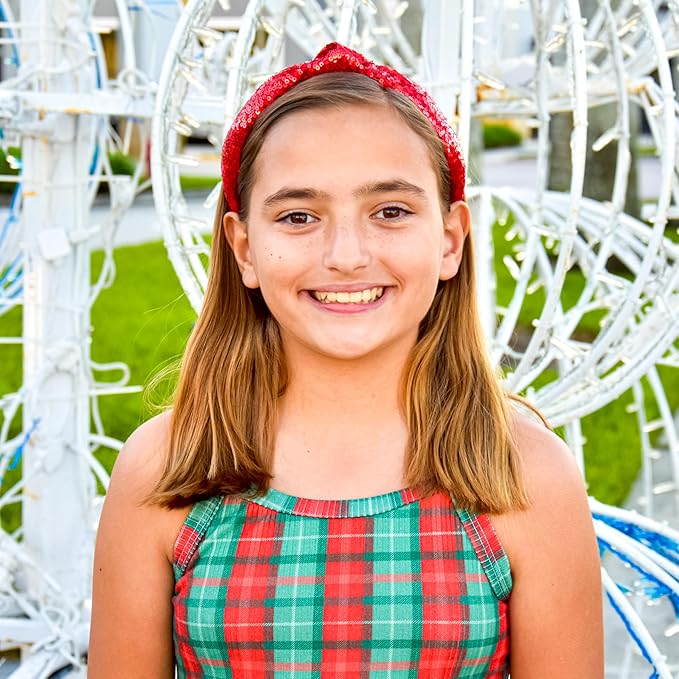 FROG SAC Knot Headband for Girls - Red Sequin Knotted Hair Bands Accessories for Kids, Sparkly Little Girl Headbands for Children, Holiday Christmas Valentines Sparkle Hairbands for Tweens