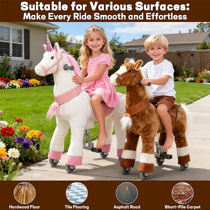 Ride on Unicorn Toys, Kids Ride on Horse Riding Horse Toys Ride on Toys for 4-9 Years Old, Premium Plush Animals Toys Walking Horse with Wheels 33.46" L x 11.81" W x 35.83" H