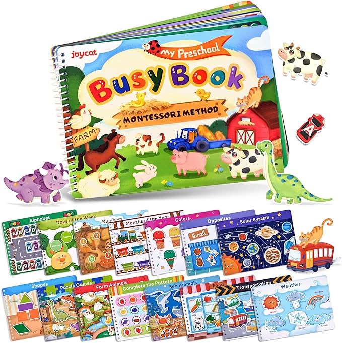 JoyCat Preschool Busy Book for Toddlers 3-5, Dual-Language Learning Activities, Educational Sensory Toys, Autism Learning Materials for Boys & Girls (English Version, No Assembly Required)