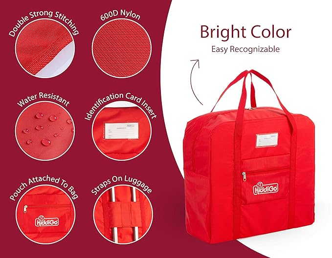 KiddiGo Booster Seat Travel Bag for Airplane, Red, 17" H x 16.5" W x 9.5" D, Fits Most Backless Booster Seats, Easy to Carry with Luggage Handle, Durable Zippers & Front Small Pocket