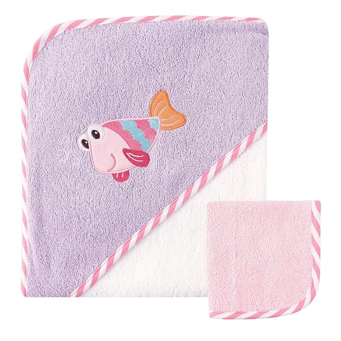 Luvable Friends Unisex Baby Cotton Hooded Towel and Washcloth, Fish, One Size
