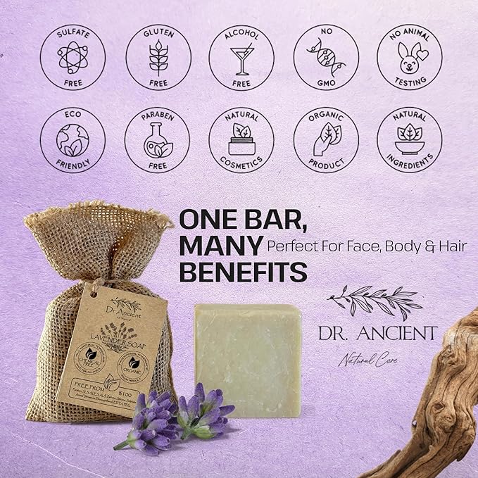 Dr.Ancient Lavender Soap Bar, Organic Soap Bars Handcrafted the Traditional Way, Natural Chemical-Free, Vegan, Used for Face Wash, Body Wash, and Hand Cleansing, Relaxing, Refreshing