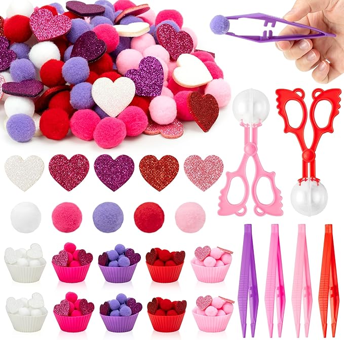 EZdhuawuse Valentines Sensory Bin Fillers - 267P Valentine’s Day Gift Fine Motor Toys Counting Sorting for Kids, Counting Toy with Shiny Heart Pink Pom Poms Cup Clip for Preschool Education Activities