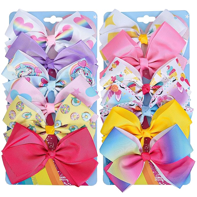 5" Hair Bows for Girls Colorful Little Girl Hair Bows Rainbow Heart Grosgrain Alligator Clip Bow for Toddler Girls Children Kids 12 Pcs