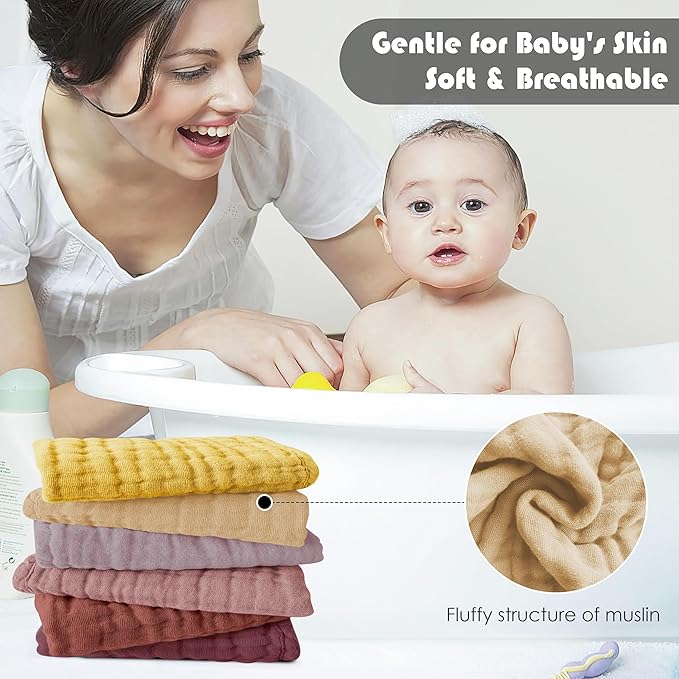 Ease Cubs 12 Pack Muslin Washcloths for Baby - 100% Cotton Baby Wash Cloths for or Baby Face Body Comfy and Soft for Newborn Infants Kids Girls and Boys - 12"x12" - Brown, Honey and Bean Paste Series
