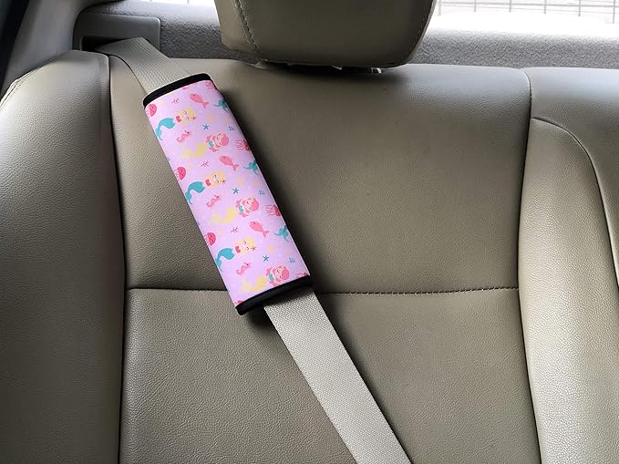 2 Pack Seat Belt Covers for Kids, FRRIOTN Soft Comfort Seat Belt Cushion for Children, Cute Cartoon Pattern Car Seat Belt Pads Cover for Girls and Boys (Pink Mermaid)