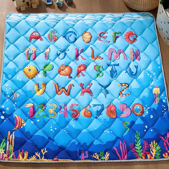 Baby Play Mat for Floor - MORAIS 50x50 Inch with 800g Filling Thickened Crawling Mat for Playpen, Cushioned Playpen Mat with Anti-Slip Bottom and Animal Alphabet (Ocean Adventure)