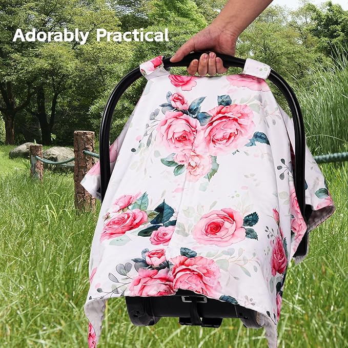 Baby Car Seat Cover,Carseat Covers Baby Girl, Multi-Use Minky Infant Canopy for Babies,Minky Infant Car Seat Cover Winter,Ultra-Soft Nursing & Stroller Cover,Pink Rose