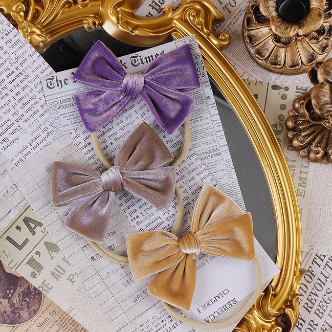 4'' Baby Velvet Gloss Bows Handmade Headbands Tied Bow Elastic Nylon Hair Accessories for Baby Girls Newborn Infant 3 Pcs Purple Turmeric Brown