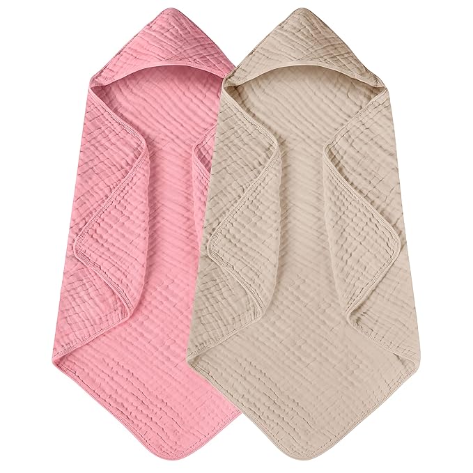 Yoofoss Hooded Baby Towels for Newborn 2 Pack 100% Muslin Organic Cotton Baby Bath Towel with Hood for Babies, Infant, Toddler and Kids, 32x32Inch, Soft and Absorbent Newborn Essential,Bge& Bean Paste