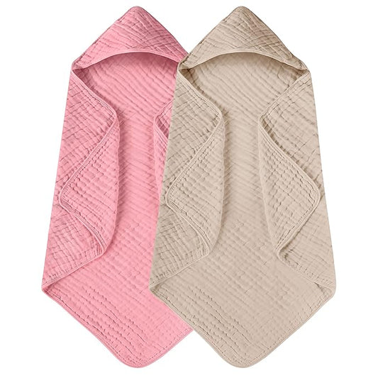 Yoofoss Hooded Baby Towels for Newborn 2 Pack 100% Muslin Organic Cotton Baby Bath Towel with Hood for Babies, Infant, Toddler and Kids, 32x32Inch, Soft and Absorbent Newborn Essential,Bge& Bean Paste