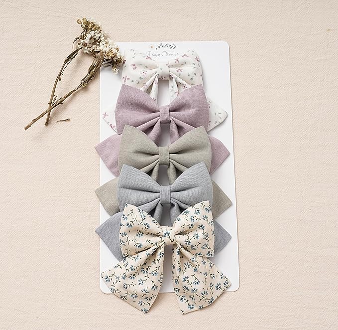 Hair Bows with Hair Clips for Girls Toddler Baby,Handmade 5" Flower Print Embroider Big Bows,FANCY CLOUDS Boutique Hair Accessorioes Gifts for School Kids