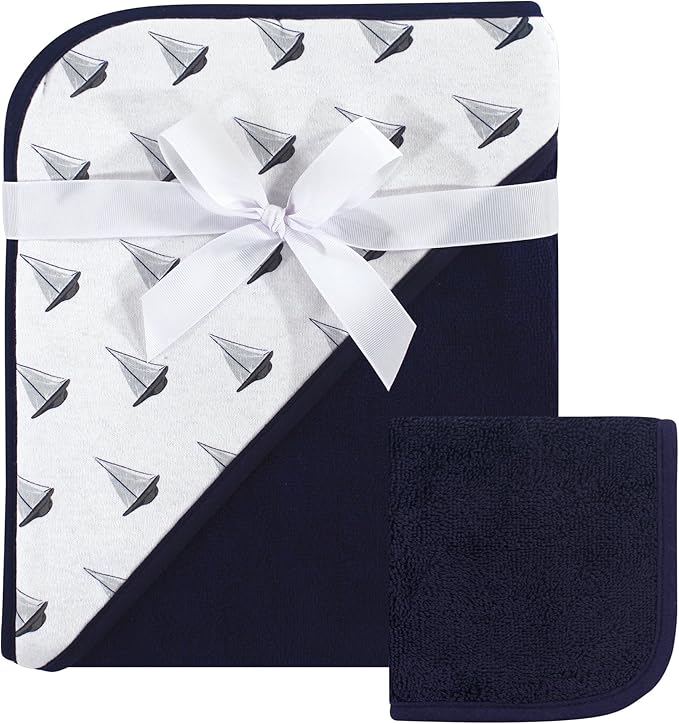 Hudson Baby Unisex Baby Cotton Hooded Towel and Washcloth, Sailboat, One Size