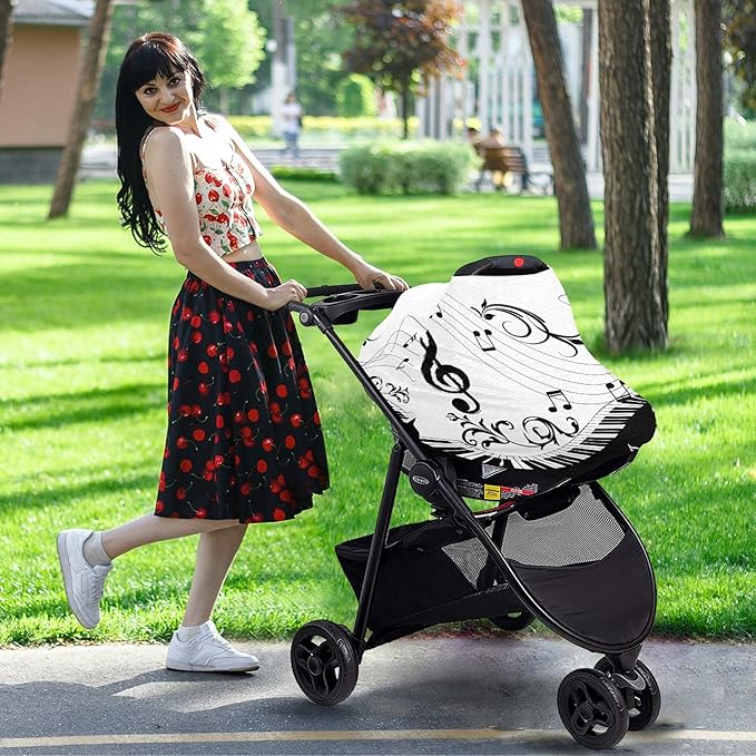 Music Note Piano Keyboard Floral Branch Musical Symbol Stretchy Baby Car Seat Cover Infant Canopy Nursing Covers Breastfeeding Cover Breathable Windproof Winter Scarf for Boys Girls
