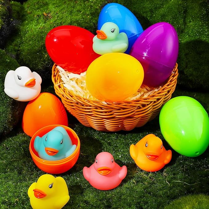 JOYIN 6 Pcs Pre-Filled Easter Eggs with Light-up Floating Duck Bath Toys for Kid Toddlers Easter Eggs Hunt, Basket Stuffers/Fillers, Filling Treats, Party Favor, Classroom Prize Supplies