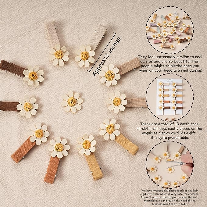 Hair Clips for Girls Women Toddler Baby,Assorted 10Pcs Flower Daisy Fabric Fully Lined Small Alligator Clips Hair Accessories for Teens Child Kids with Thick Thin Hair Gifts