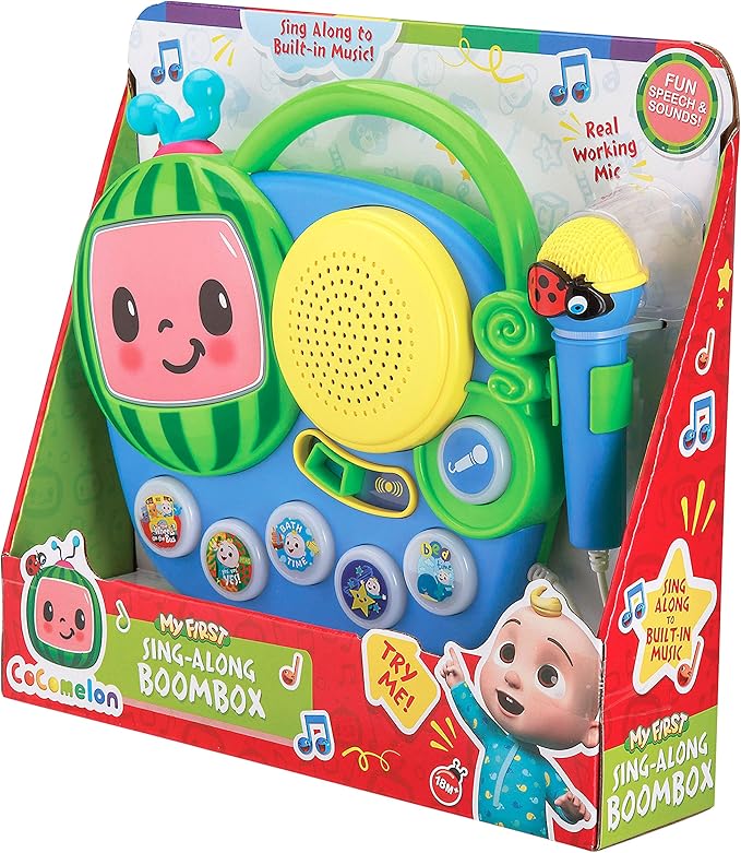 EKids Cocomelon Toy Singalong Boombox with Microphone for Toddlers and Young Children, Built-in Music and Flashing Lights, for Fans of Cocomelon Toys and Gifts