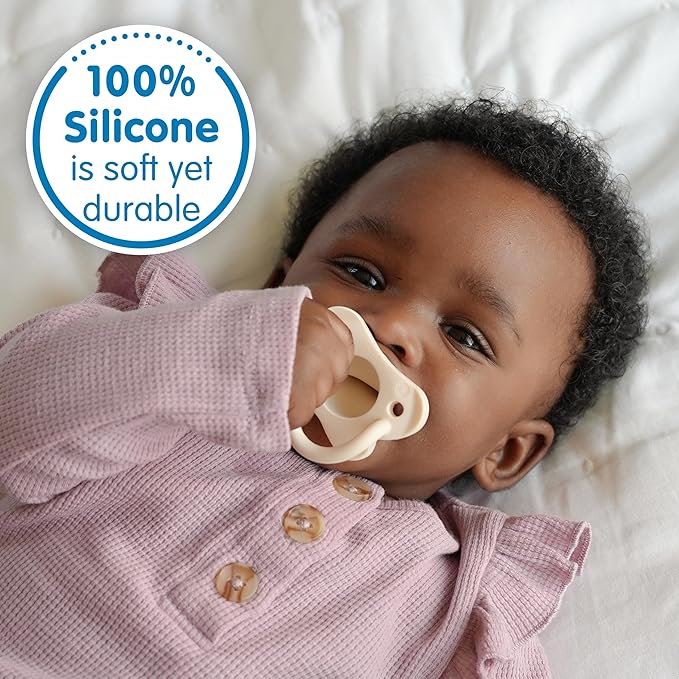 Dr. Brown's HappyPaci 100% Silicone Baby Pacifier, Contoured One-Piece Design, Gray, Green, Ecru, 0-6m, BPA-Free, 4-Pack