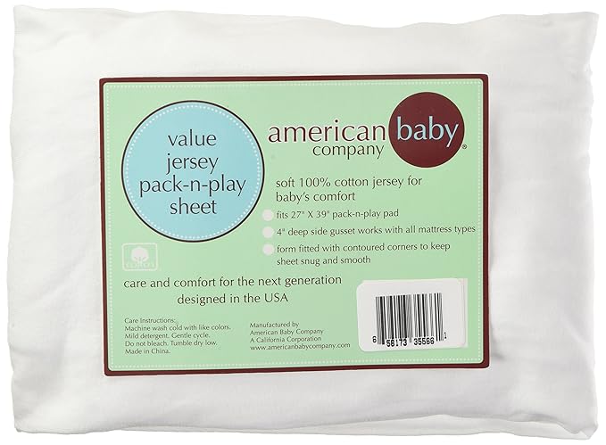 American Baby Company 100% Natural Cotton Fitted Pack and Play Sheet 39" x 27" - Soft & Breathable Pack N Play Sheet for Playpen, Playard & Mini Crib Mattress, White, for Boys & Girls