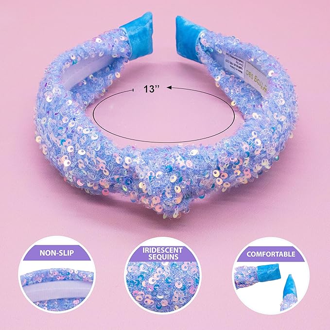 FROG SAC Sequin Knot Headband for Girls, Blue Knotted Hair Bands Accessories for Kids, Sparkly Iridescent Little Girl Headbands, Cute Fashion Hairbands for Tweens Stocking Stuffers for Children