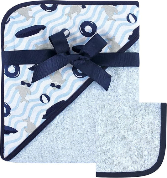 Hudson Baby Unisex Baby Cotton Hooded Towel and Washcloth, Shark, One Size