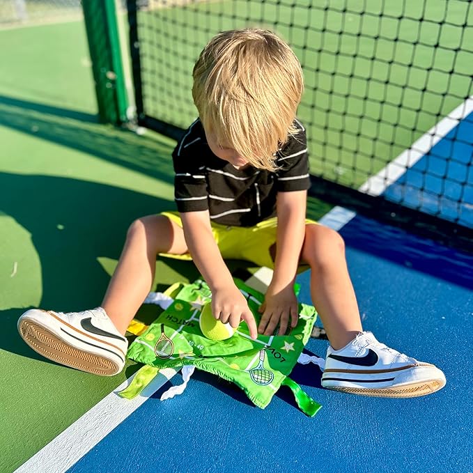 Baby Jack & Co 10x10” Tennis Sports Lovey Sensory Plush Blanket - Tag Toys for Babies - Baby Stroller Toys - Learn Shapes, Letters & Colors - Perfect MVP Baby Toy & Baby Sports Gift w/Stroller Clip