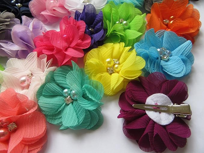 Baby Girls Chiffon Flower Hair Clips with Rhinestones and Pearl,YYCRAFT 40 pcs Party Wedding 2" Hair Accessory for Kids Toddler Infant Girls(20 colors)