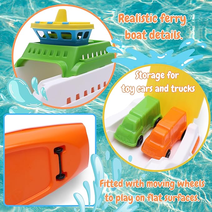 Toyland® 39cm (15") Colourful Ferry Boat with Moveable Ramps & 4 Mini Cars - Kids Floating Water Toy - Pool & Bathtime Toys - 3 Years+