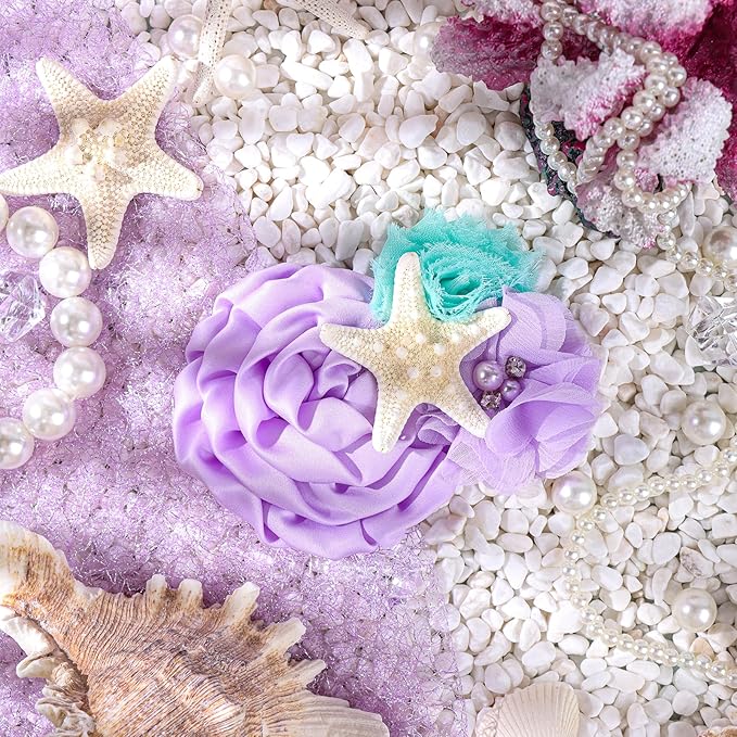 YanJie Girls' Starfish Mermaid Headband with Aqua Lavender Glitter Hair Clip - Newborn Hair Bows for Birthday Party Gift, Mermaid Hair Accessories