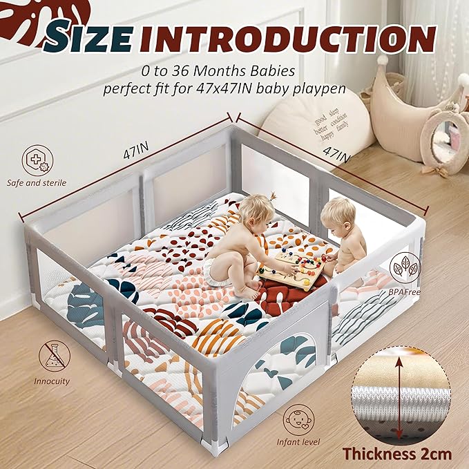 Baby Play Mats for Floor, Playpen Mat for Babies, Extra Thicker & Soft Floor Crawling Mat, Foldable Non-Slip Playmat Cushioned for Infants Toddlers (Brown, 47x47 Inch)