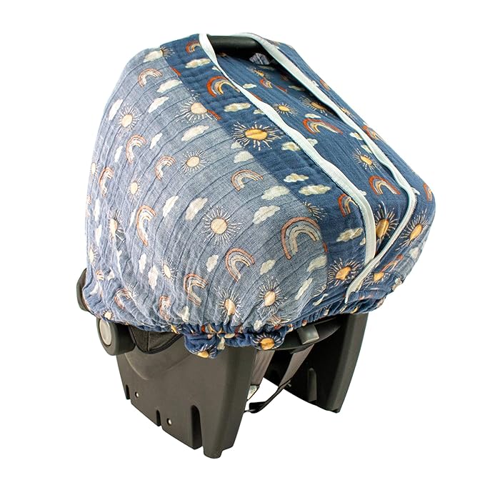 Bebe au Lait Classic Muslin Car Seat Cover -Perfect Baby Car Seat Covers for Babies, Car Seat Canopy, Unisex Baby Car Seat Cover- Easy Snap Straps, Fully Zippered Opening, Breathable- Hello Sunshine