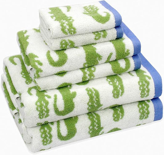 ORIGINAL KIDS 6 Piece Towel Set - Bath Time in A While Crocodile- 2 Bath Towels, 2 Hand Towels, 2 Washcloths - 100% Cotton Jacquard Soft Absorbent Pool Beach Towel Gift - Green Blue