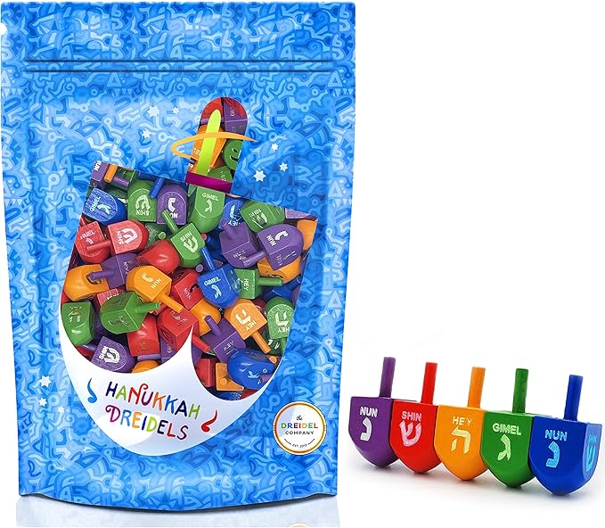 The Dreidel Company 100-Pack Wood Multi-Colored Dreidels Medium Sized Hanukkah Draydels with Foil Embossed English Transliteration