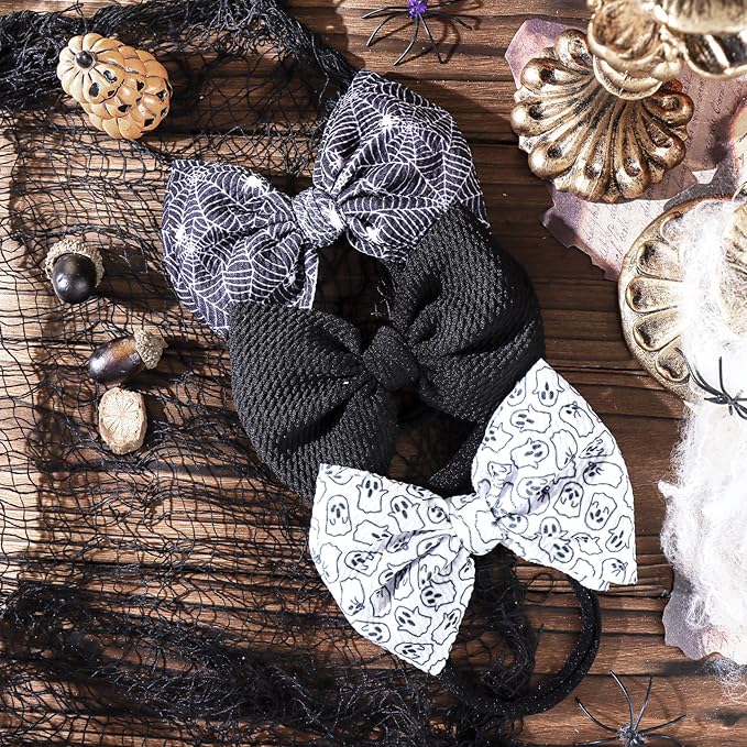 YanJie Halloween Bows for Baby Girls Elastic Nylon Headbands Toddler Girls Spider Hair Bows Ghost Hair Halloween Accessories Newborn