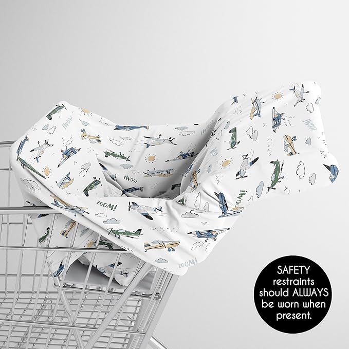 Sweet Jojo Designs Green Vintage Airplane Boy Infant Baby Car Seat Cover for Nursing, Breastfeeding, High Chair, Shopping Cart, Stroller, Carseat Canopy Carrier Multipurpose Use-Transportation, Clouds
