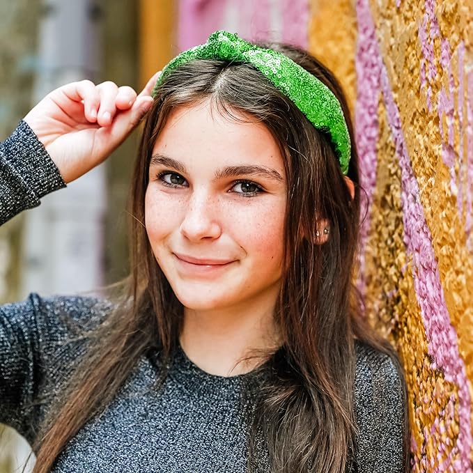 FROG SAC St. Patrick's Day Knot Headband for Girls, Green Sequin Knotted Hair Band Accessories for Kids, Sparkly Iridescent Little Girl Headbands for Children, Cute Sparkle Head Band