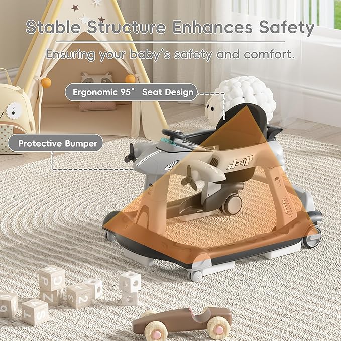 Betterhood 6-in-1 Foldable Baby Walker with Adjustable Height & Speed, Airplane-Themed Activity Push Walker with Music & Lights, Wheels, Anti-Slip Design, Suitable for Boys & Girls Aged 6-18 Months