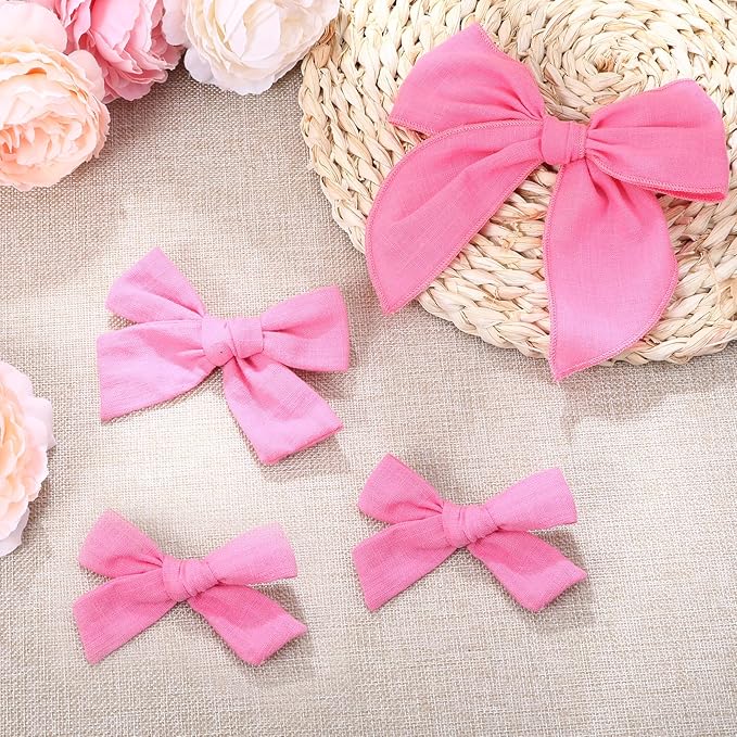 4 Pcs Pink Cotton Linen Hair Bows, Girls Bows for Hair, Toddler Hair Bows, Alligator Clips Knot Hair Bows for Girls, Light Pink, 3 Styles & 3 Sizes