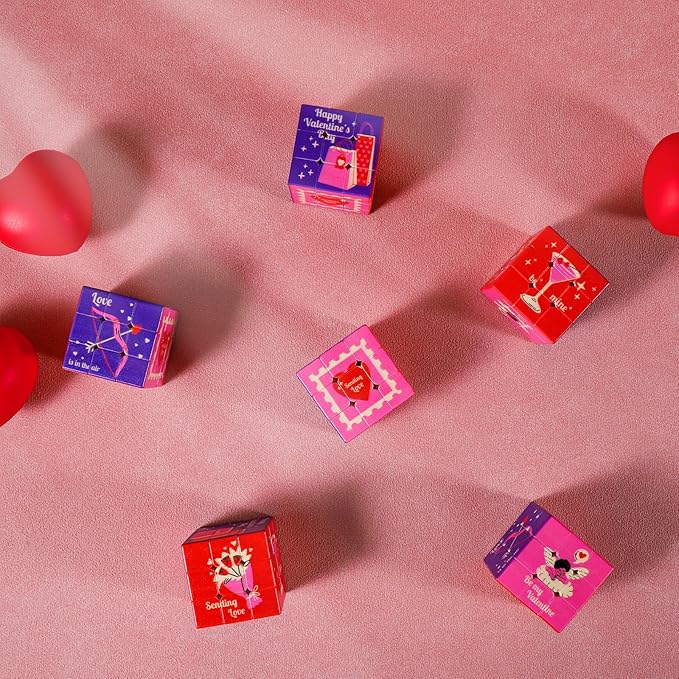 24 Pack Premium Valentine's Day Mini Cubes Set with Cards & Bags, 3x3x3 Puzzle Cubes (1.18 Inch) Heart-Themed Classroom Exchange Gifts, Valentines Gift, Bulk Party Favors, Goodie Bag Stuffers for Kids
