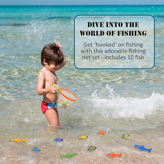 Toy Fishing Net for Bath | Bath Toys for Kids – Dive Game Small Sinking Fish, 4 Sharks & 6 Fish Multicolored