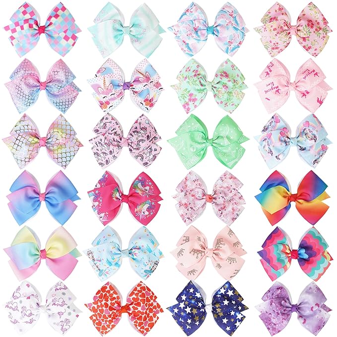 24PCS 4.5Inch Bows for Girls Boutique Grosgrain Ribbon Rainbow Hair Bow Alligator Hair Clips Pigtail Bows Unicorn Hair Clips for Baby Girls Toddler Kids Children Teens