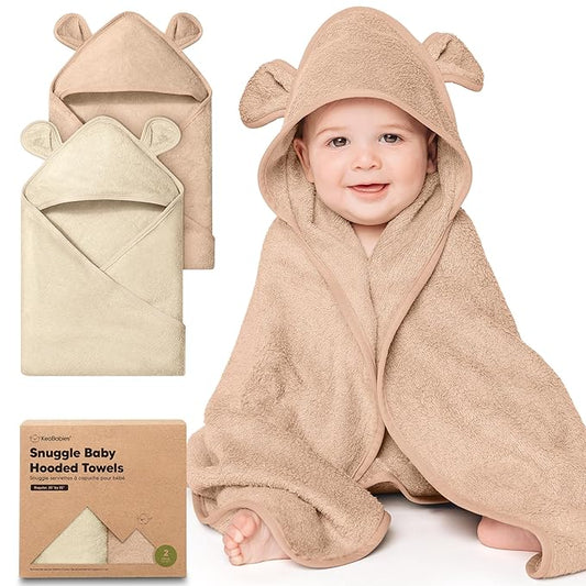 KeaBabies 2-Pack Hooded Baby Towels for Newborn - 35x35 Soft & Absorbent Viscose From Bamboo Baby Bath Towels with Hood for Infant, Toddler, Kids, Boys Girls, Newborn Bath Essentials (Almond, Regular)