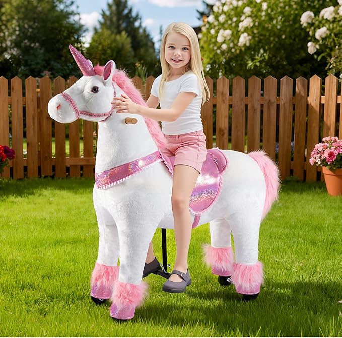 Pipleo Ride on Unicorn on Toys, Unicorn Ride on for Girls 6 to Adult, Ride on Unicorn Toys, Unicorn Rider Mechanical Walking Action Plush Animal, No Battery or Electricity, Max Load 187 LBS - Pink