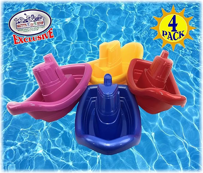 Matty's Toy Stop Plastic Nesting/Stacking Tug Boats (11") Red, Blue, Pink & Yellow Gift Set Bundle, Perfect for Bath, Pool, Beach Etc. - 4 Pack